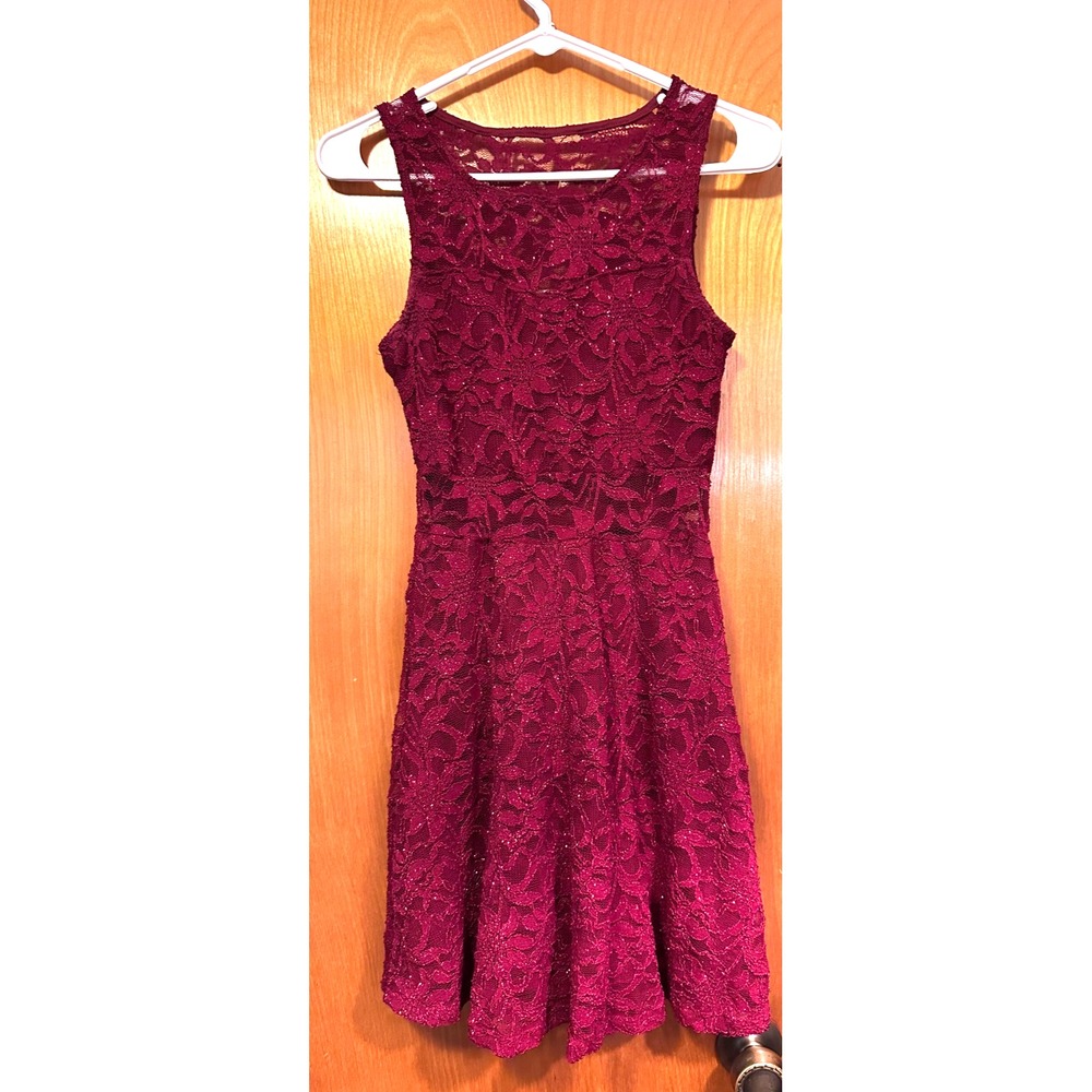 Deb Burgundy Sleeveless Fit and Flare Lace Dress Size Small Made In USA